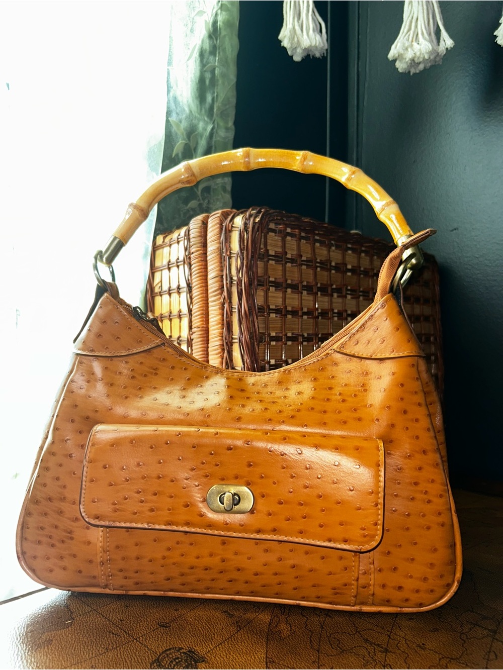 Bueno Turnlock Faux Ostrich Embossed Leather Shoulder Bag with Bamboo Handle